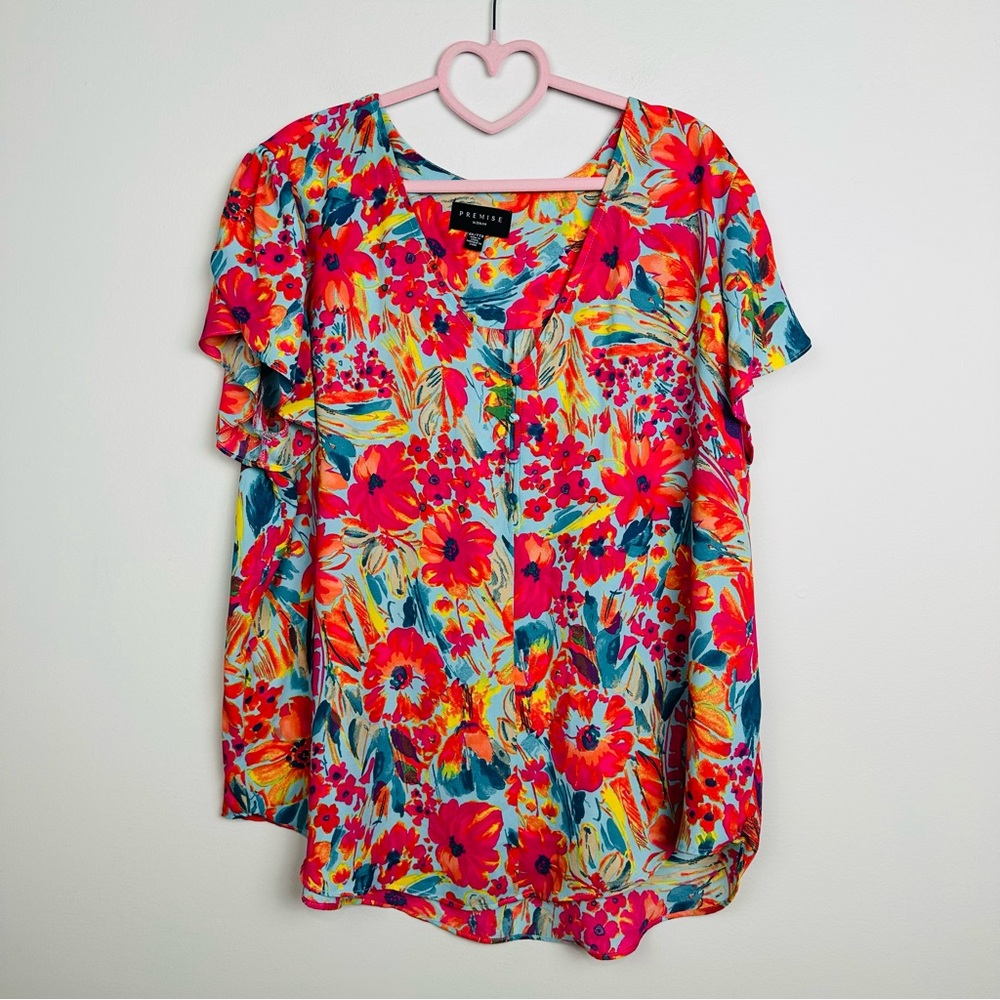 Premise Vibrant Floral Blouse - Red, Pink, Blue Size 2X